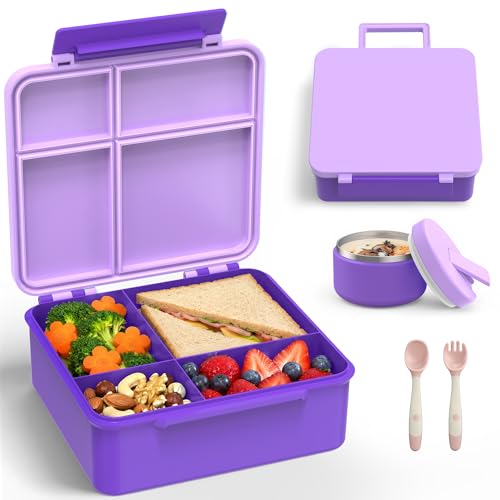 LOHASOK Bento Lunch Box Kids with 8oz Soup Thermo, Leak-Proof Lunch Containers with 4 Compartment, Thermo Hot Food Jar and Insulated Lunch Box for School Purple - color: Purple