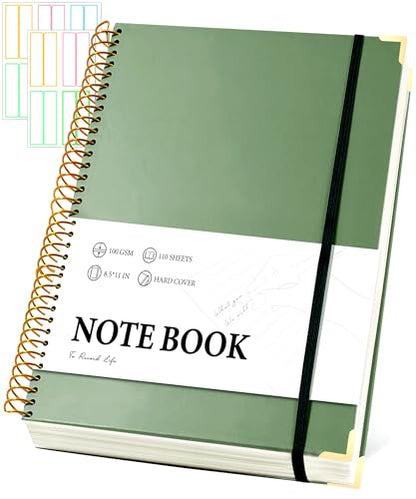 Large Spiral Notebook College Ruled with Tab Stickers A4 Notebooks for School Supplies Hardcover Spiral Notebook 8.5 x 11 Journal Note Book for Work Note Taking Women Men Writing, 220 Pages, Green | College Ruled, A4 Notebooks for School Supplies Journal
