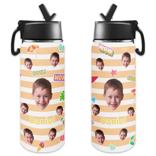 Personalized Kids Water Bottle with Face, Custom Stainless Steel Insulated Sport Water Bottle for School, Back to School Gifts for Boy Girl, Insulated Tumbler with Straw Lid Handle, 18 OZ - color: # design 03 pic
