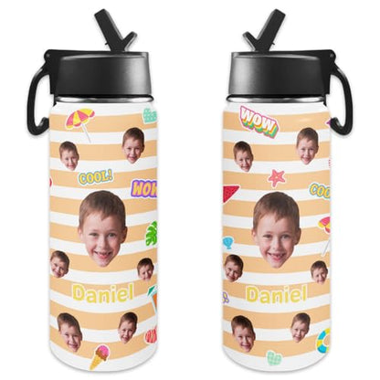 Personalized Kids Water Bottle with Face, Custom Stainless Steel Insulated Sport Water Bottle for School, Back to School Gifts for Boy Girl, Insulated Tumbler with Straw Lid Handle, 18 OZ - color: # design 03 pic