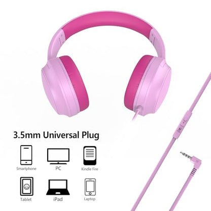Kids Headphones Wired,Wired Headphones for Kids Over Ear with Microphone,85/94dB Volume Limiter Headphone for Kids Boys Girls Teens Children,3.5mm Wired Foldable Headphone for School/Tablet (Pink) - color: Pink