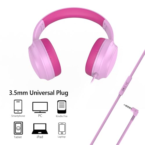 Kids Headphones Wired,Wired Headphones for Kids Over Ear with Microphone,85/94dB Volume Limiter Headphone for Kids Boys Girls Teens Children,3.5mm Wired Foldable Headphone for School/Tablet (Pink) - color: Pink