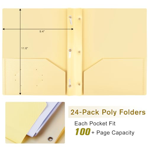 24-Pack Plastic andPockets and Prongs,2-Pocket and3 Fasteners, Pastel Folders Holds 8-1/2" x 11" Paper for School/Office/Home, Yellow - color: Light Yellow, size: 24-Pack