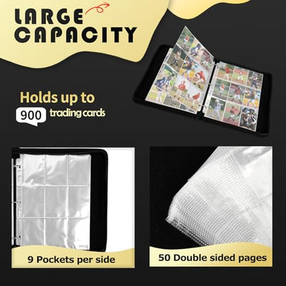 9-Pocket Trading Card Binder, PU Leather Zip Card Binder Album Holds 900 Cards for TCG, Sports Cards, Collectible Cards（RED） - color: Red