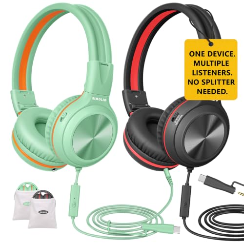 SIMOLIO 2 Pack Wired Headphones with Share Port, USB C to 3.5mm Dongle, MIC | Manyshare Series, 3-Level Volume Limiter, Passive Noise Cancelling, Foldable Over-Ear Headset for School Travel Adult iPad PC - color: Black & Fresh Green