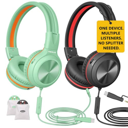 SIMOLIO 2 Pack Wired Headphones with Share Port, USB C to 3.5mm Dongle, MIC | Manyshare Series, 3-Level Volume Limiter, Passive Noise Cancelling, Foldable Over-Ear Headset for School Travel Adult iPad PC - color: Black & Fresh Green