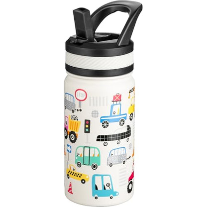 Fanhaw 14 Oz Kids Insulated Water Bottle with Straw - Stainless Steel Double Wall Vacuum Cup, Leakproof, BPA Free, Suitable for Boys and Girls(White - Heavy Traffic)