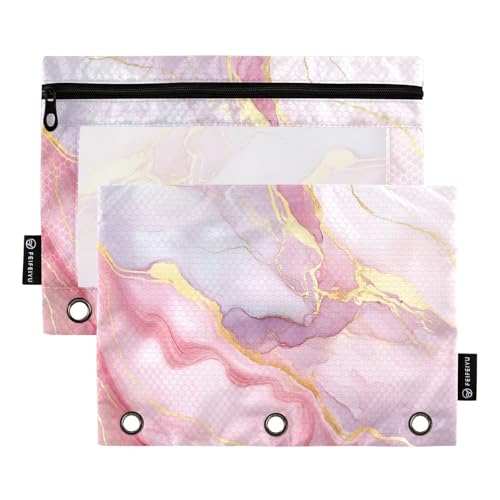 Gredecor Binder Pencil Pouch 3 Ring Pink Grey Marble Texture Zipper Pencil Pouches Case 2 Pack Cosmetic Bags with Clear Window Organizer for School Office - color: Multi12