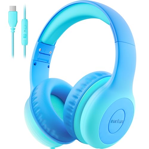 EarFun Kids Headphones Wired with Microphone, USB Type C Headphones for Kids, 85/94dB Volume Limit, Portable Wired Headphone with Shareport, Stereo Sound Foldable Headset for School/Tablet/PC, Cyan - color: USB-C Cyan