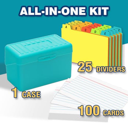 H4D 3x5 Index Card Holder with 100 Index Cards and 25 Dividers, Teal | 3x5 Inch Plastic Box, Heavyweight 3x5 Index Cards, Plastic 3x5 Index Card Dividers, Snap Closure Lid - color: Teal, size: 3"x5"