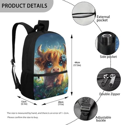 Cute Highland Cow Kids School Backpack Set with Lunch Bag Pencil Case and Water Bottle Carrier 5 Pieces Large Capacity Backpack for Travel and School - color: Cute Highland Cow