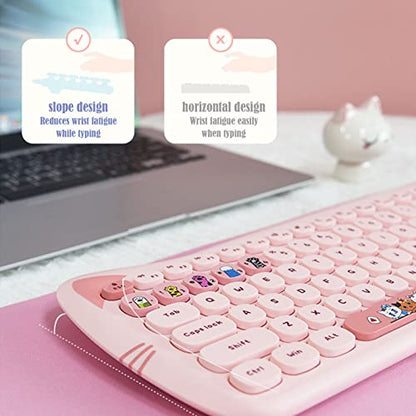 Cute Cat 2.4G USB Wireless Keyboard and Mouse Combo, Silent Keys, Candy Colors, Compatible with Notebook, PC (Pink-110Keys) - color: Pink-110Keys