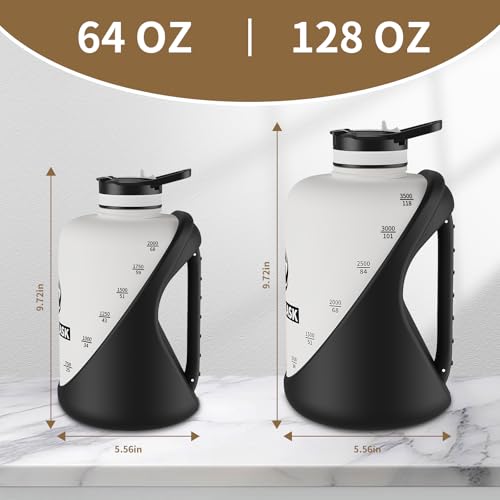 Dishwasher Safe 1 Gallon Water Bottle, Heat Resistant Large Water Jug with 2-in-1 Flip Straw & Spout Lid, Heavy Duty Impact Resistant Gym Bottle with Separated Grip Handle - color: Black White, size: 128 Ounces