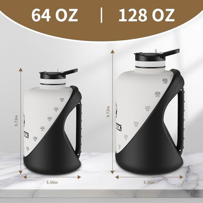 Dishwasher Safe 1 Gallon Water Bottle, Heat Resistant Large Water Jug with 2-in-1 Flip Straw & Spout Lid, Heavy Duty Impact Resistant Gym Bottle with Separated Grip Handle - color: Black White, size: 128 Ounces