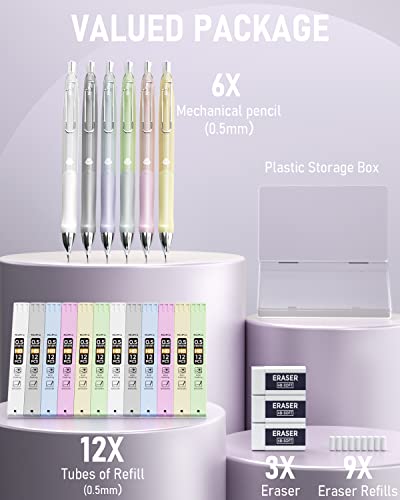 Nicpro 6PCS Pastel Mechanical Pencil Set 0.5 mm, Cute Mechanical Pencils with Comfort Grip with 12 Tubes HB Lead Refill, 3 Eraser, 9 Eraser Refills for Student Writing, Drawing, Sketching- with Case - size: 0.5