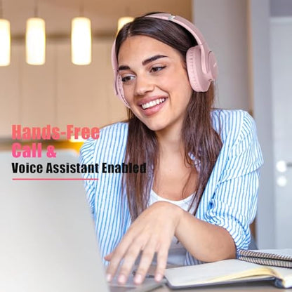 KVIDIO Bluetooth Headphones Over Ear, 65 Hours Playtime Wireless Headphones with Microphone, Foldable Lightweight Headset with Bass and Stereo Sound Low Latency for Travel Work Cellphone - color: Pink