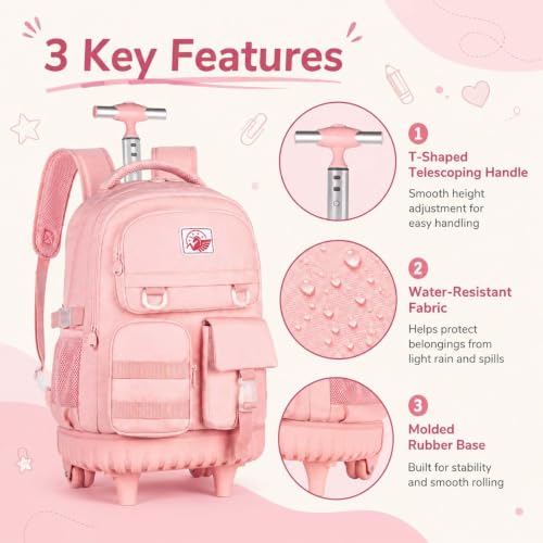 CCJPX Rolling Backpack for Girls Women, 21 inch Roller Wheels School Bookbag, Wheeled Suitcase Backpacks with Lunch Bag for Teen - Pink - color: Pink