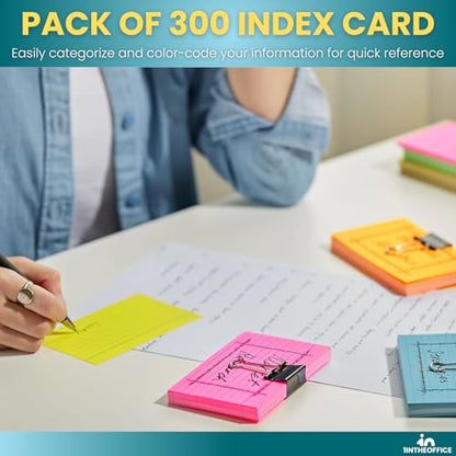 1InTheOffice Ruled Neon Index Cards, Index Cards 3x5 Assorted Neon Color, 300/Pack