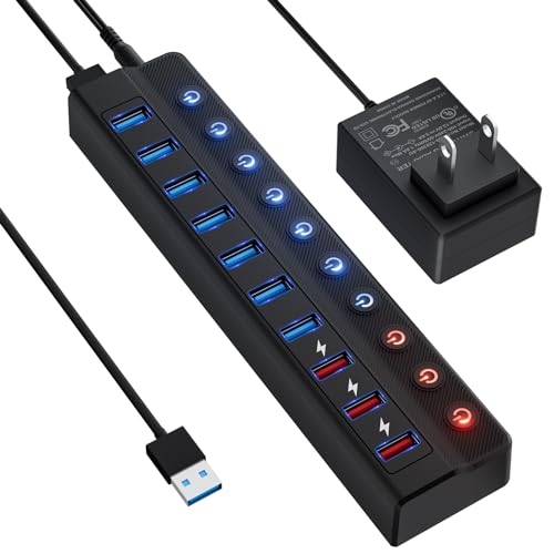 ONFINIO Powered USB Hub, 10-Port USB Splitter Hub | (7 Faster Data Transfer Ports+ 3 Smart Charging Port) with 12V/3A Power Adapter USB Extension for Mac, PC and More - style: 10 PORT QC 3.0