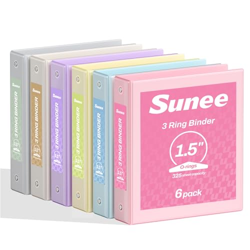 SUNEE 1.5 Inch Binders 3 Ring 6 Pack, Clear View Three Ring 1 1/2 Inch Binders PVC-Free (Fit 8.5x11 Inches) for School or Office Supplies, Pastel 6 Colors - color: Pastel Assortment, size: 1.5 Inch
