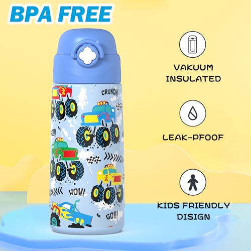 Boys Monster Truck Insulated Water Bottle with Covered Pop-Up Straw,16 oz Kids Cups with Stainless Steel Leak Proof for School - color: A22.Monster Truck, style: 1Pack