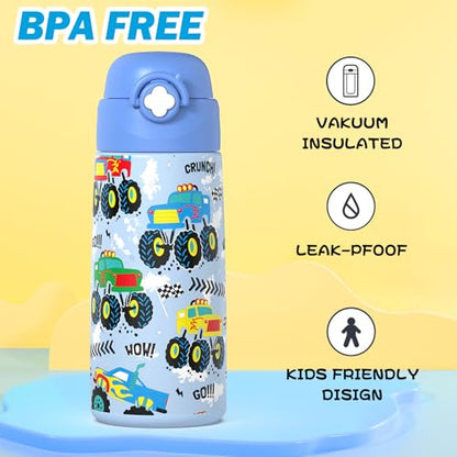 Boys Monster Truck Insulated Water Bottle with Covered Pop-Up Straw,16 oz Kids Cups with Stainless Steel Leak Proof for School - color: A22.Monster Truck, style: 1Pack