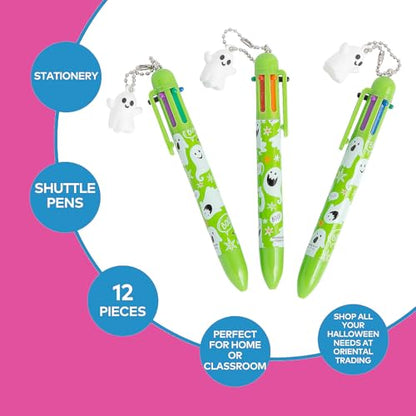 Fun Express Halloween Pens Multicolor Pen 12 Pack - Ghost Charm Shuttle Pens with 6 Color Ink | Halloween Classroom Gifts Bulk for Kids Students Teachers | Halloween Office Supplies Party Favors