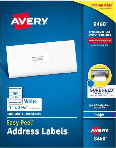 Avery Easy Peel Printable Address Labels with Sure Feed, 1" x 2-5/8" Customizable Stickers, White, 3,000 Blank Mailing Labels, Great for Mailing, Shipping, and More (8460) (Pack of 5) - size: 1 in. X 2-5/8 in. (Pack of 5), style: 3,000 labels