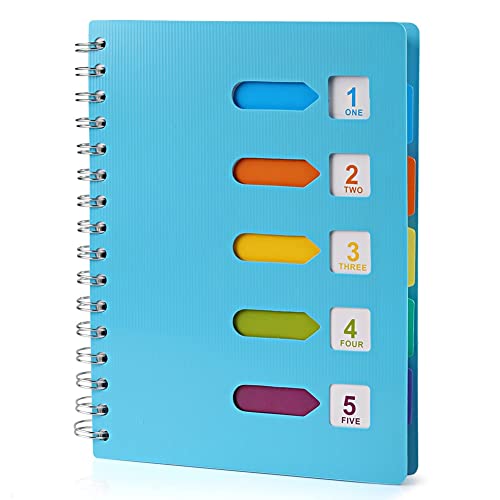 5-Subject Spiral Notebook with Page Dividers and Index Tabs, Hardcover Wire Bound Ruled Notebooks Memo Planner Daily Notepad for Students Teens Office School, 240 Pages Lined Paper, A5 Size, Blue - color: A5 Blue