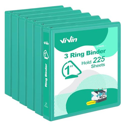 ViVin 튼튼한 2.5cm(1인치) D 링 바인더, 포켓 2개가 있는 링 바인더 3개, 사무실, 가정, 학교용 미국 레터 사이즈 용지 225장 보관, 6팩 (레이크 그린) - color: 그린 레이크, size: 1인치