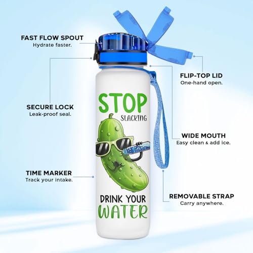 Funny Pickle Motivational Water Bottle 32 oz with Time Marker, Stop Slacking Drink Your Water Daily Hydration Tracker Jug for Women, Men, Adults, Gym, Office - color: Pickle