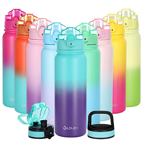 Oldley Insulated Water Bottle with Straw 20oz Stainless Steel Water Bottles with 3 lids Double-Wall Vacuum Thermal for Kids Adults School Sports, A-Green-purple - color: A-Green-purple, size: 20 Ounces