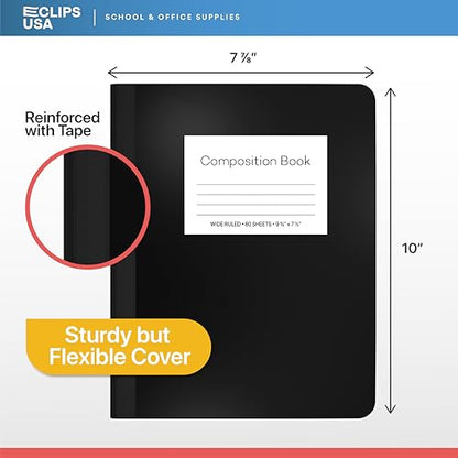 E-CLIPS USA Composition Notebook Wide Ruled Composition Notebooks Bulk Wide Ruled Notebook Paper Note Books For Schools Composition Books 80 Sheets 160 Pages 9.75” x 7.5” (48 Pack) - size: 48 Pack