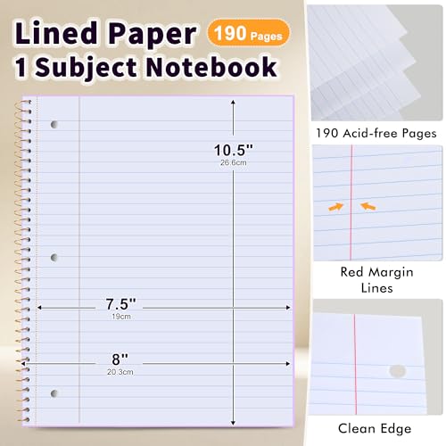 MUAHLIUB Spiral Notebook Wide Ruled Paper 8" x 10 1/2", 1 Subject Spiral Notebook, 3-Hole Punched Perforated Pages Ideal for School, Office, Writing, 95 Sheets Lined Journaling Notebook, Purple - color: Purple