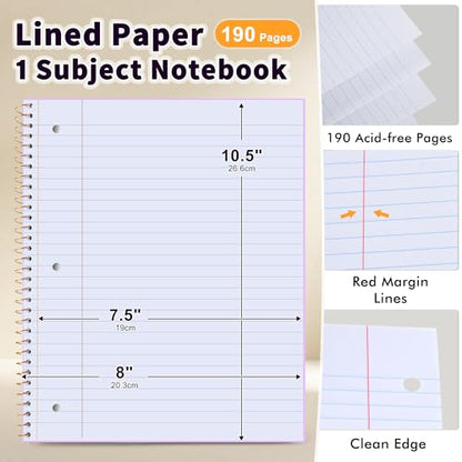MUAHLIUB Spiral Notebook Wide Ruled Paper 8" x 10 1/2", 1 Subject Spiral Notebook, 3-Hole Punched Perforated Pages Ideal for School, Office, Writing, 95 Sheets Lined Journaling Notebook, Purple - color: Purple