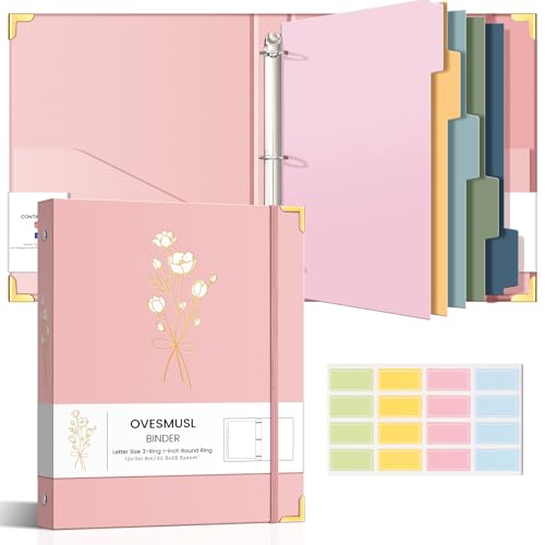 Aesthetic 3 Ring Binder 1 Inch Cute Three Round Rings Binders with Dividers Suitable for 8.5 x 11 Letter Size Paper Loose Leaf Binder with 2 Pockets for School Work - color: Pink