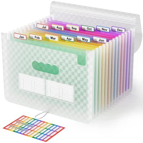 ABC life 12 Pockets Accordion File Organizer Expanding File Folders, Portable Monthly Bill Receipt Document Organiser, Expandable Accordian Filing Folder Letter A4 Size, Colored Tabs (Green) - color: Green