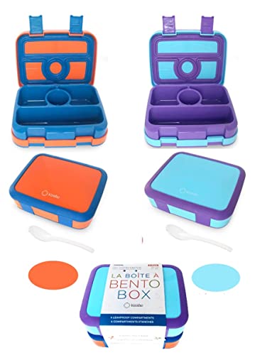 kinsho Bento Lunch Box, Boxes for Kids Toddlers Boys Girls, 4 Portion Divided Sections Secure Lid, BPA Free Removable Tray, Pre-School Kid Daycare Lunches Snack Container, Blue Purple Aqua 2 Pack Set - color: Blue Orange + Blue Purple Bentos