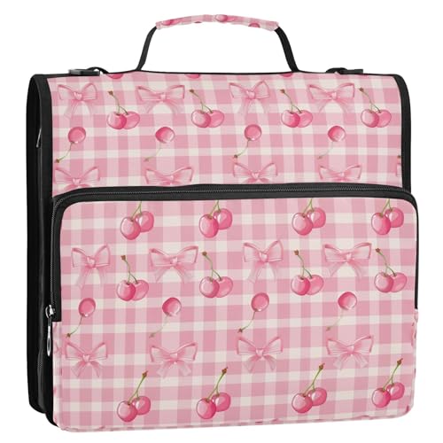 Cherry Checkered Zipper Binder 3 Ring 1.5 Inch Binder Organizer Bag 500 Sheets Capacity Multi-Pocket with Shoulder Strap for School Office