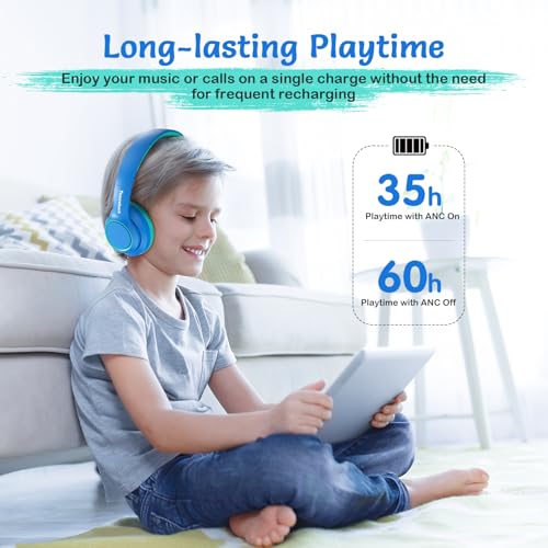 TONOSHARK Kids Bluetooth Headphones with Active Noise Cancelling, Wireless Over-Ear Headphones for Boys Girls, Foldable, Adjustable, 40H Playtime, Mic for School Travel(Blue) - color: Blue