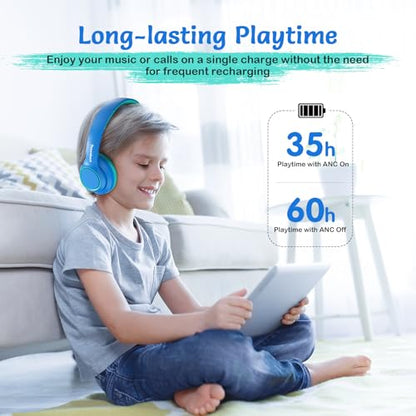 TONOSHARK Kids Bluetooth Headphones with Active Noise Cancelling, Wireless Over-Ear Headphones for Boys Girls, Foldable, Adjustable, 40H Playtime, Mic for School Travel(Blue) - color: Blue