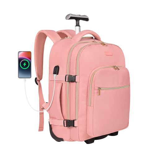 DEVPNR Rolling Backpack for Women, Travel Backpack with Wheels | 17 Inch Wheeled Roller Laptop Bag for Adults, Carry On Underseat Luggage for College Business Work Overnight Travel - color: Sweet Pink