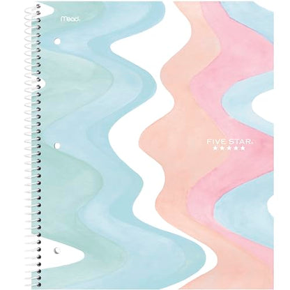 Five Star Spiral Notebook + Study App, 1 Subject, Wide Ruled, 8" x 10-1/2", 80 Sheets, Fights Ink Bleed, Water Resistant Cover, Pastel Waves (930060F)