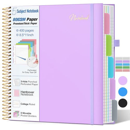 5 Subject Notebook College Ruled,80GSM Paper Thick Hardcover Spiral Notebook Lined Journal with Removable Dividers Tabs,400pages 8.5"x11" Paper Large Notebooks for School Work,3-Hole Punched, Purple - color: Purple