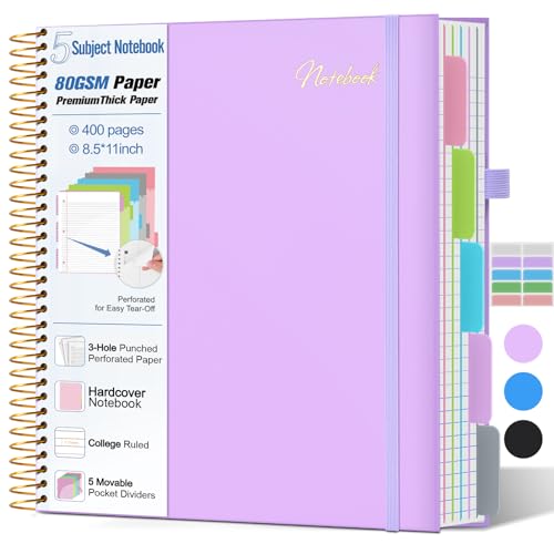 5 Subject Notebook College Ruled,80GSM Paper Thick Hardcover Spiral Notebook Lined Journal with Removable Dividers Tabs,400pages 8.5"x11" Paper Large Notebooks for School Work,3-Hole Punched, Purple - color: Purple