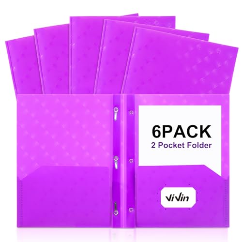 ViVin Plastic Folders with Pockets and Prongs,6 Pack,Heavy Duty 2-Pocket File Folder with 3 Fasteners,Fits Letter Size Paper,for School Home and Office(Bright Purple) - color: Bright Purple, size: 6 PACK