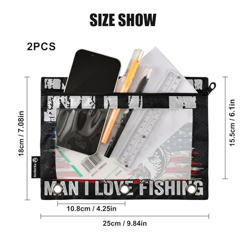 Man I Love Fishing Binder Pouches 3 Ring for Boys Girls School Office College Supplies Fishman USA America Flag Pencil Pouches Case Bag with Clear Window and Zipper 2 Pack - color: Fishing