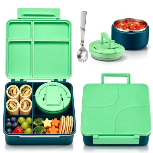 Bento Lunch Box for Kids with 8oz Soup Thermo,Kids Leakproof Lunch Food Containers with 4 Compartment,Kid Insulated Thermo Hot Food Jar for School,Trvael-Green - color: Green