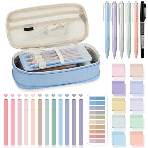 Jutom 39 Pcs Aesthetic Book Annotation Kit Highlighter with Case Bag Gel Pen Transparent Sticky Note Taking Bible Supplies(Light Blue,Cute Style) - color: Light Blue, style: Cute Style
