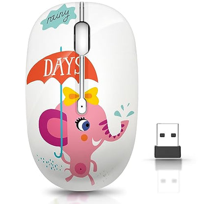 JUHOO Wireless Mouse with Nano Receiver for PC, Laptop, Notebook, Computer, MacBook, Less Noise, Portable Mobile Optical Mice - style: Pink Elephant